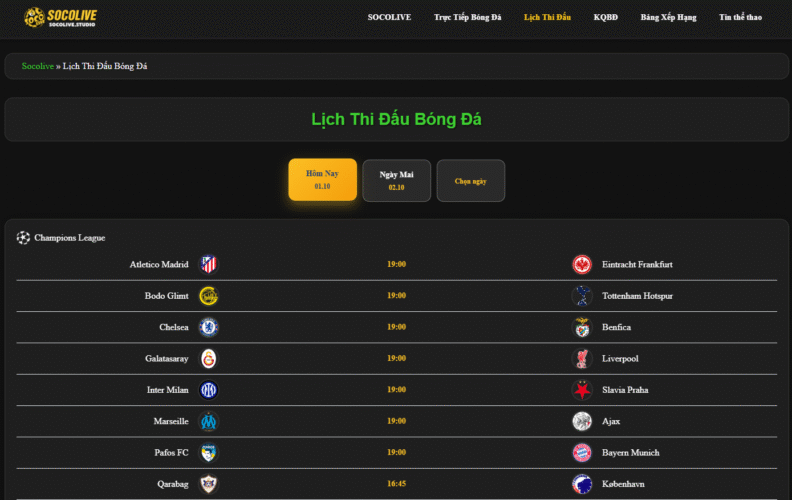Lịch thi đấu Socolive